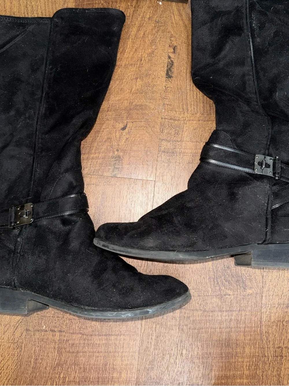 Black Suede Mid-Calf Women's Boots with Buckle Strap